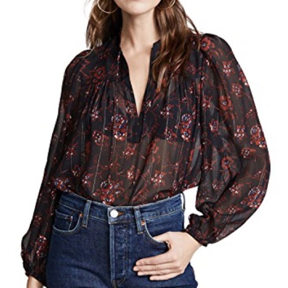 New Nwt! $385 Ulla Johnson Constance Silk Blouse Top Noir Black Red Floral Sz 0